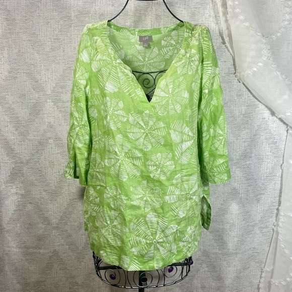 J. Jill Tops - J. Jill green floral 3/4 sleeve linen tunic size S